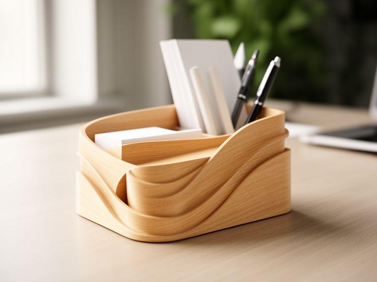 Eleganter desk organizer aus hellem Holz auf einem aufgeräumten Zürcher Arbeitsplatz