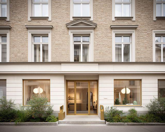 Moderne Atelierfassade in Zürich mit dezentem Schaufenster und gepflegtem Eingangsbereich