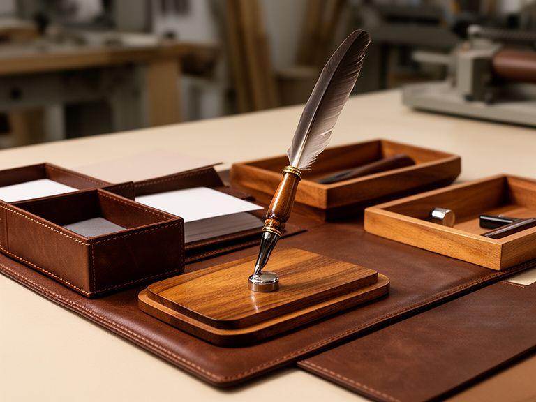 Desk set mit Lederfächern und Holzablagen neben Schreibfedern in einem modernen Atelier